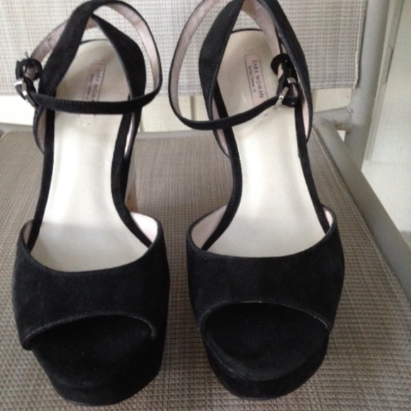 ZARA Black Suede White Cork Platform Wedge Heels - Picture 6 of 9